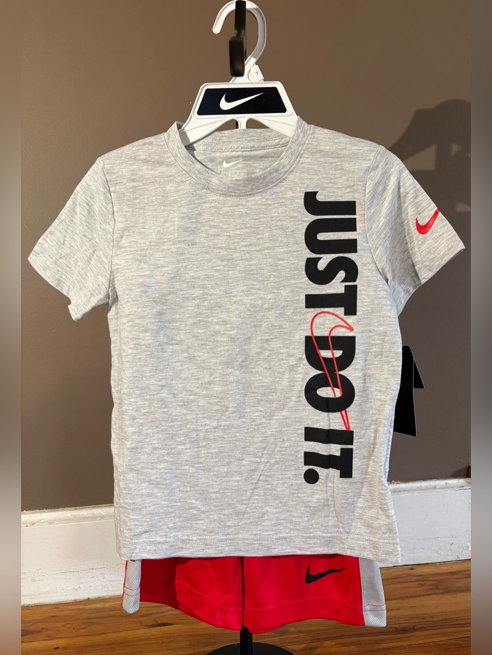 Nike Gray Short Sleeve Tee with Black "JUST DO IT." and Red Accent